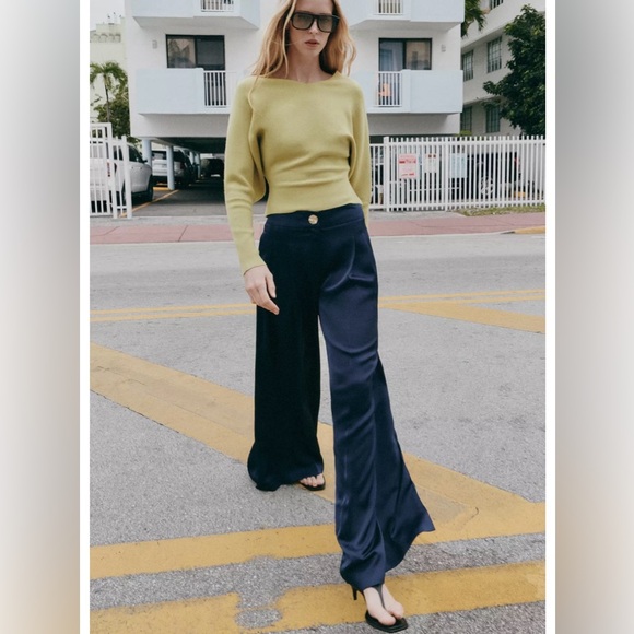 Zara Pants - Zara Navy Wide-Leg Satin Pants